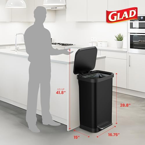 Image of Glad Stainless Steel Step Trash Can, Series 2 with Clorox Protection - Large Black Kitchen Garbage Bin with Soft Close Lid, Foot Pedal and Waste Bag Roll Holder, 20 Gallon