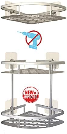 NeaTi Shower corner shelf caddy 3 tier in aluminum (RUSTPROOF) with no drilling (super strong adhesives). Bathroom wall mount corner rack basket. New IMPROVED version.