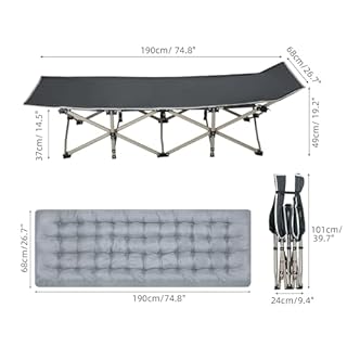 WoldTrek Camping Cot with Thick Pad, Folding Camping Cot Oversize Cots for Sleeping Camping Bed Folding Cot for Camping W/Pilllow Mattress for Home Office Nap Beach Travel, 600LBS (190 * 68CM-Grey)