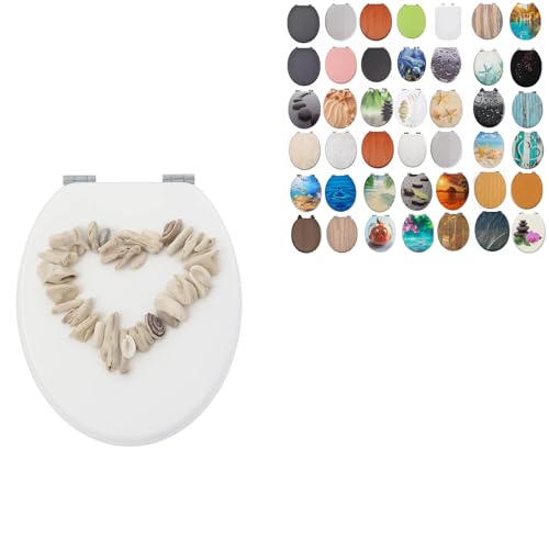 18" Universal MDF WC Toilet Seat – Easy Fit with Strong Zinc Alloy Hinges, Smooth Wipe Surface – Fits All Water Closets (Beach & Heart Shells)