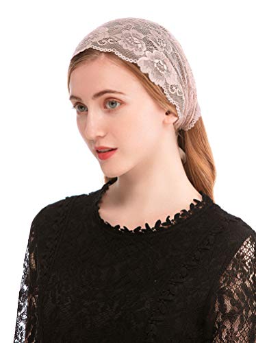 PAMOR Lace Headband Kerchief Tie-style Floral Headwrap Latin Mass Head Covering Church Veil with Bobby Pins (Beige)