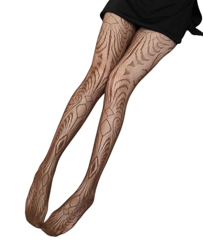 Image of Mrotrida Women's Dark Punk Patterned Fishnet Tights Sexy Elastic Hollow Pantyhose Leggings Fire Mesh Stockings (Coffee-A)