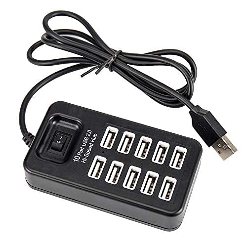 Image of 10 Port USB 2.0 Hub for Laptop PC I 1.5 Mtr Long Cable | Single On /Off Control Switch, Play and Plug with High Speed Data Transfer Rate (10 in 1 USB Hub Black)