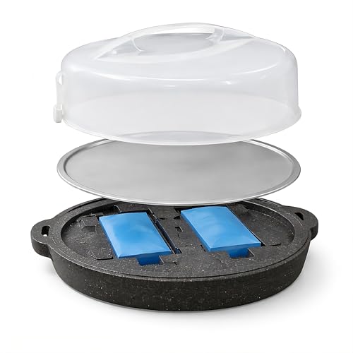 HRB Kuchen Transportbox mit Kühlakku Servierplatte und gedämmtem Unterboden Torteglocke zum Kühl Halten Durchmesser 38 cm Tortenhaube 18 cm hoch zum Transport von Backwaren