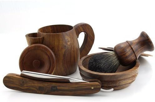 Brush, Straight Razor, Shaving Soap Bowl, and Hot Water