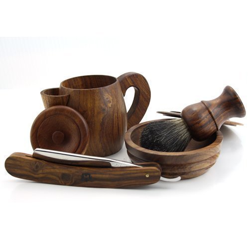 Brush, Straight Razor, Shaving Soap Bowl, and Hot Water