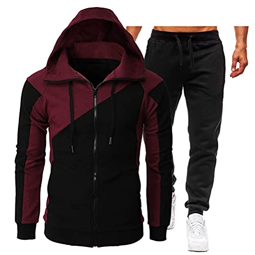 ORANDESIGNE Survêtement Homme Ensemble Manches Longues Zipper Sweat-Shirt à Capuche et Pantalon de Sport Jogging Ensemble de Survêtement 2 Pièces A Vin Rouge XXL