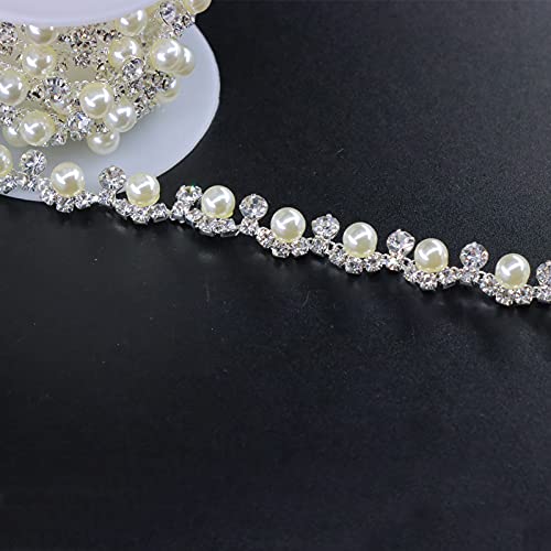 Jerler 1 Yard Crystal Rhinestone Trim Chain, Inlaid Pearl Beaded For Diy Decoration And Bridal Embellishments, Ideal For Wedding Party, 0.3" Width #TOP3