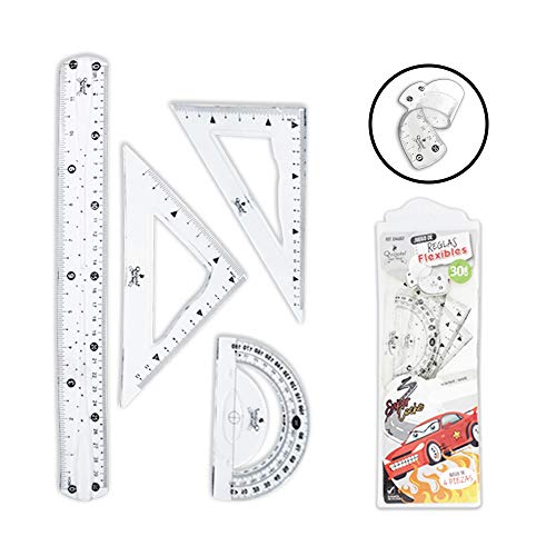 Quijote Paper World Set de Reglas, Juego de Reglas con estuche, Regla 30cm, Escuadra, Cartabón y Transportador, Flexibles, para uso escolar,estudiantes, niños, etc. Diseño 3