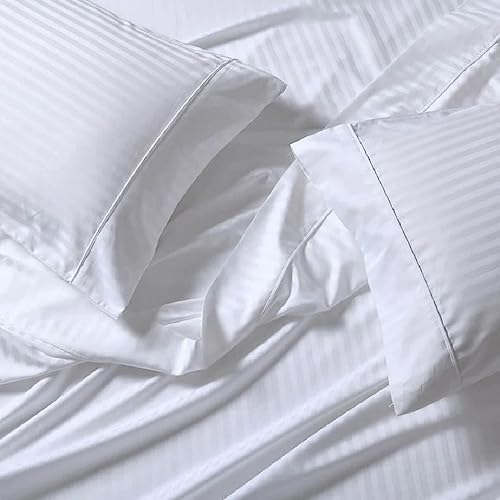Royal Tradition Striped 300 Thread Count, 100 Percent Cotton 3PC Twin Extra Long XL Bed Sheets Set with Deep Pockets, White