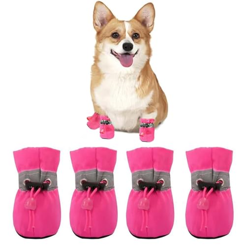 COYUN 4 pcs Stivali per Cana Paw Protector, Calzini Antiscivolo per Cani, Scarpe per cane con Cinghie Riflettenti, scarpa per Regolabili, scarpa per protettori delle Zampe per cane, Rosa rossa