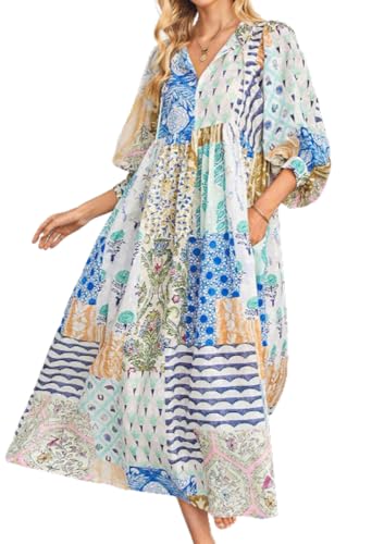 Image of CHARTOU Women Boho Floral Printed Long Dress Summer Lantern Half Sleeve Beach Flowy Loose Swing Chiffon Sundress