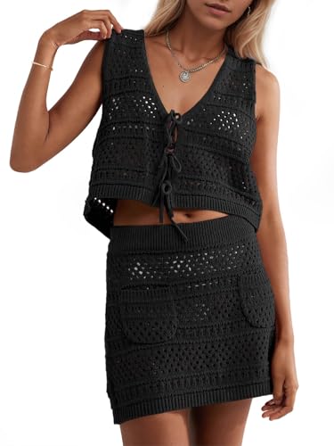 Saodimallsu Womens Crochet Swim Cover Up 2 Piece V Neck Sleeveless Front Tie Crop Tops Beach Mini Skirt Coverup Set Black — view 2