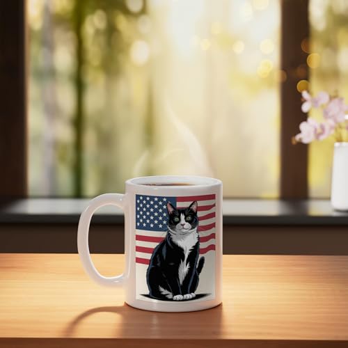 Taza de cerámica blanca con gato tuxedo y bandera USA miniatura 3
