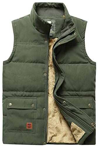 Vcansion Men's Outdoor Casual Stand Collar Thicken Qulited Fleece Jacket Vest Padded Vest Lightweight Down Cotton Vest Coat Army Green US XL