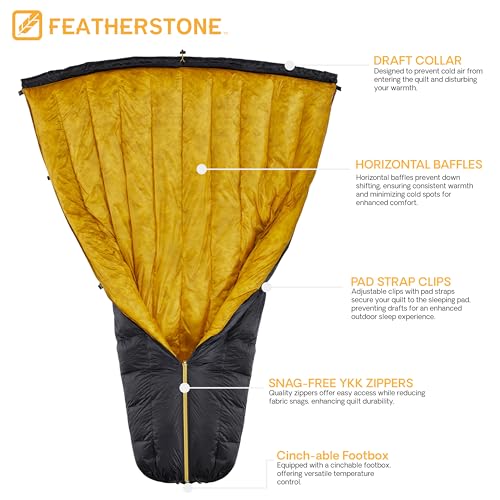Featherstone Moondance 25 850 Fill Power Down Top Quilt Mummy Sleeping Bag Alternative para Ultralight Backpacking Camping y Thru-Hiking Color: Grey/Gold miniatura 2