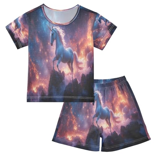 ALAZA Magical Unicorn Cloud Galaxy Space Pajamas Set Short Sleeve Cotton Sleepwear Summer Pjs 2 Piece 5-14Y