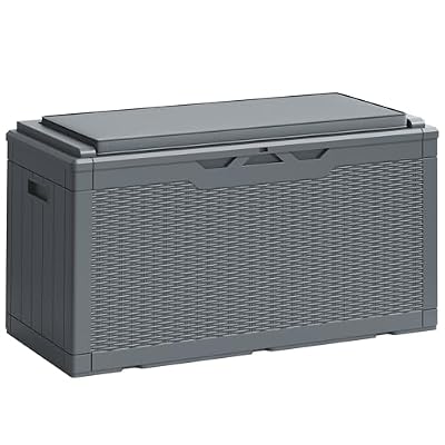Greesum 100 Gallon Resin Deck Box Large Outdoor Storage Boxes with Cushions for Garden Tools, Patio Furniture Pillows, Pool Supplies, Gray