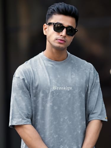 Image of Maniac ||Mens|| Acid Wash ||Printed|| Brooklyn|| Round Neck ||3 /4th Sleeve|| Light Grey|| Cotton|| T-Shirt