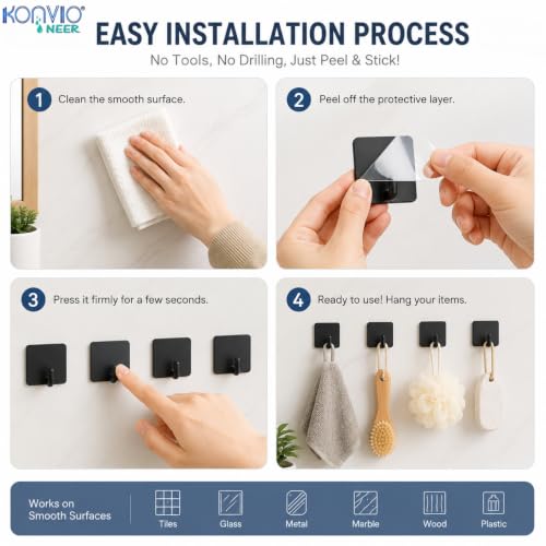 Image of KONVIO NEER Self Adhesive Metal Wall Hooks - Pack of 4 Heavy Duty Square Wall Hooks Without Drilling | Black Waterproof & Rust-Resistant Hooks for Towels, Keys, Kitchen, Bathroom & Home Organization