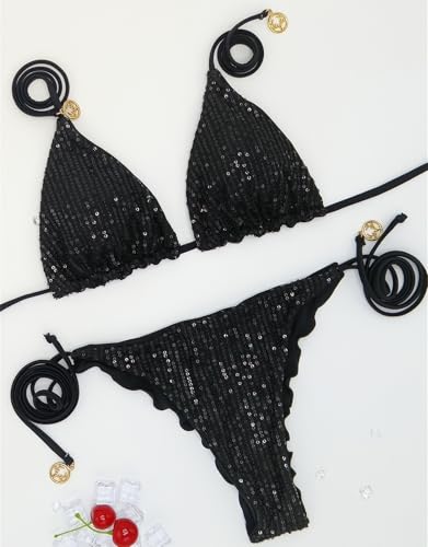 Shiny Sexy Side Lace-up Thong Triangle Bikini Set Bathing Suit Women Two Piece Glitter Sequin Halter Bikini Swimsuit3