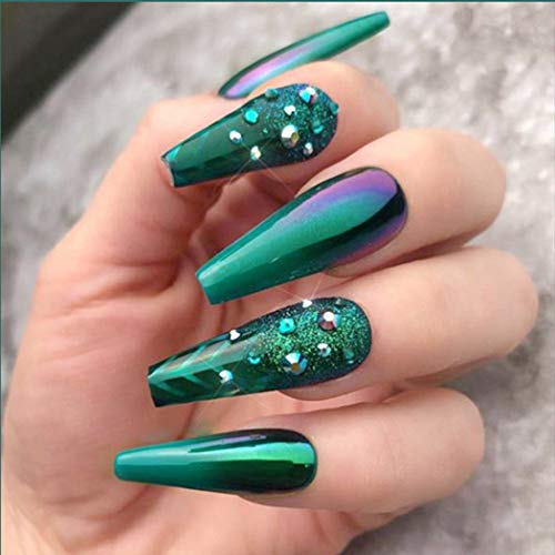 Bmirth Coffin Press on Nails Green Super Long Fake Nails Crystal Holographic False Nails Full Cover Glossy Nails Acrylic Nails for Women and Teen Girls