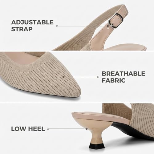 Image of youngshow Women's Slingback Kitten Heels for Work | Knit, Low Heels, Elastic Back Strap, Slip on, Pumps for Office, Wedding, Party
