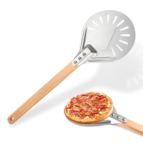 QOUBNIC Perforierte Pizzaschaufel, 7 Zoll Aluminium Rund Pizzawender mit Abnehmbarem Griff, Pizzaschieber Pizzapaddel für Pizza, Brot, Kuchen, Torten