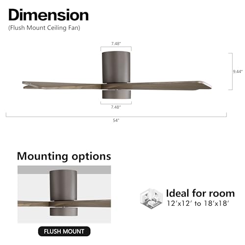 WINGBO 54-Inch Graphite Flush Mount Ceiling Fan with Remote, 5 Reversible Wood Blades, 6-Speed Quiet DC Motor, ETL Listed