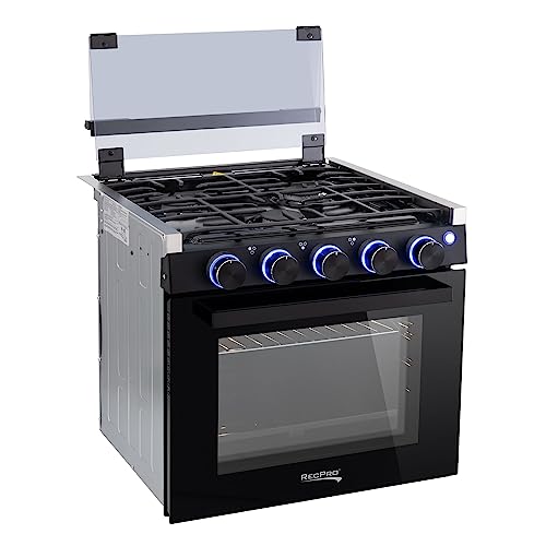 Image of RecPro RV Stove | Gas Range 21 inch Tall | 3 Burner | 1.8 Cu. Ft | 7100 BTU | Optional Vented Range Hood | Black or Silver Color Options (Black, with Vented Range Hood)