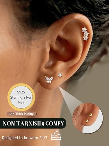 Flat Back Earrings for Women Hypoallergenic - 14K Gold Plated Sterling Silver Flatback Stud Earrings Cartilage Helix Tragus Conch Piercing Jewelry 3 Pairs Dainty CZ Butterfly Studs3