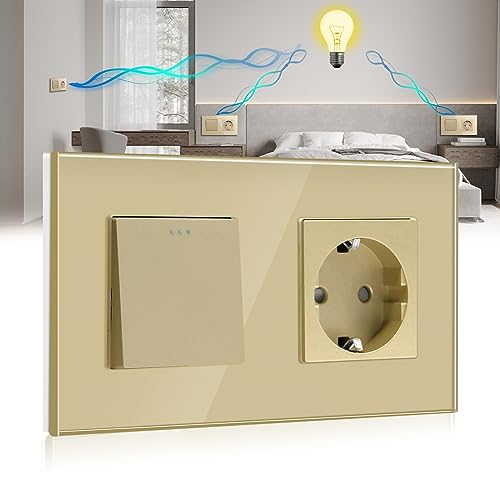 BSEED Interruptor de pared 1 Gang 3 Vías conmutador+16A Schuko Enchufe Oro Botón pulsador con cristal