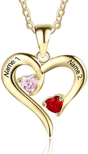Zomodia Sterling Silver Personalized 2 Names Necklace with 2 Heart Simulated Birthstone Couple Pendant Necklace for Women (Gold)