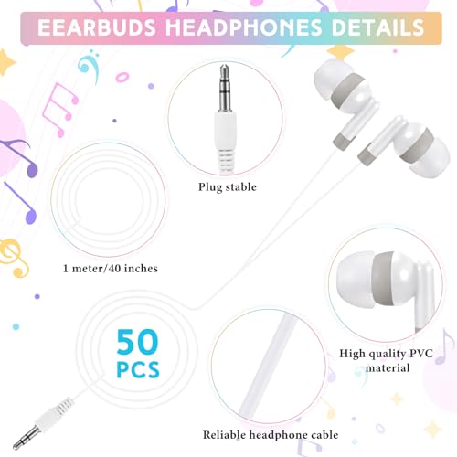 Image of 50 Pack Earbud Bulk Headphone for Classroom Earphone Earbud with Wire Individually Bagged Wired in Ear Buds(White)