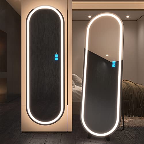 Vlsrka Oval Full Length Mirror with Lights, 63"x20" Oval Body, Free Standing Floor & Wall Mounted LED Mirror, 3-Color Lighting & Dimming for Bedroom, Black Frame
