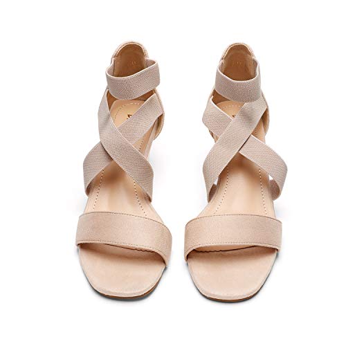 Dream Pairs Womens Elastic Ankle Strap Open Toe Strappy Dress Low Wedge Sandal, Nude - 8 (Innis-1) #TOP4