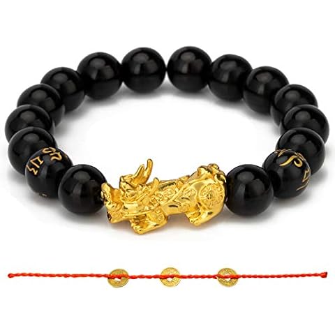 ZenBless Feng Shui Black Obsidian Bracelet Pixiu Bracelet for Women Men Pi Xiu Pi Yao Bracelet Sanskrit 12mm Beads Elasticity Sturdy Durable Attract Wealthy Amulet Gift Lots of Luck Cover