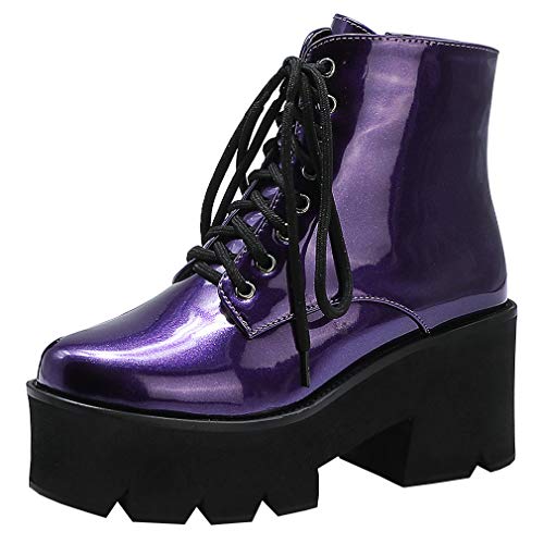 Parisuit Women's Chunky Gothic High Heels Lace Up Ankle Boots Patent Leather Platform Booties Fashion Punk Shoes-purple size 8.5