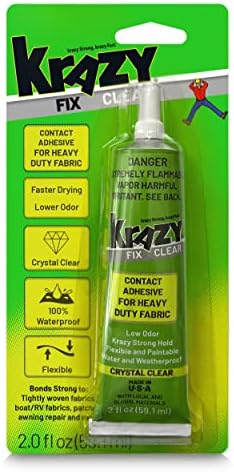 Krazy Fix Clear Glue for Fabric, Heavy Duty Adhesive, Washable, 100% Waterproof Fabric Glue with Permanent Bond, 2.0 fl. oz. Tube
