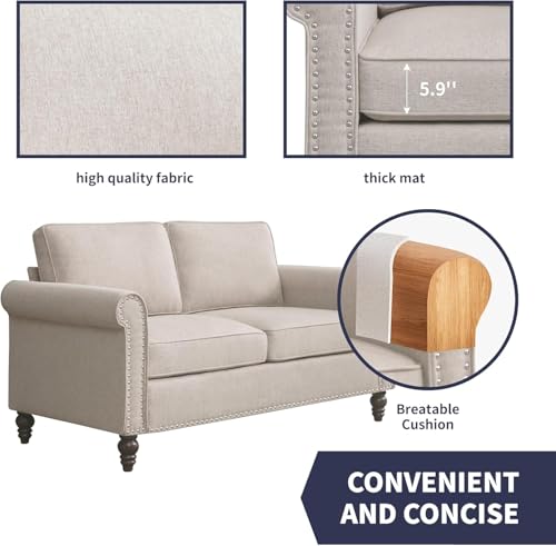 Image of ijuicy 2-Piece Sectional Sofa Set, Modern Linen Upholstered Couch Set with 5 inch Thicken Cushion & Nailhead Trim, Living Room Furniture Set-Loveseat and 3 Seat Sofa (Beige)