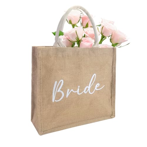 FloraMolly Bride Bag, Simple and Dependable Jute Hen Party Bags Bride Gift Bag for Bridal Shower Wedding Day, Suitable for Beach Picnic Holiday Grocery