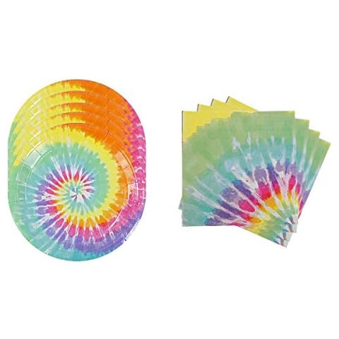 S&W Manufacturing Tie Dye Party Supplies for 16 Guests including Paper Plates and Napkins for Birthday Parties 60s and 70s Themed Party and Baby Showers Cover