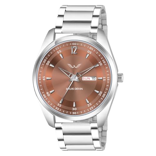 Image of LOUIS DEVIN Stainless Steel Chain Analog Wrist Watch for Men with Day and Date Display (Black /Blue /Brown /Silver Dial) | LD-GR405-CH