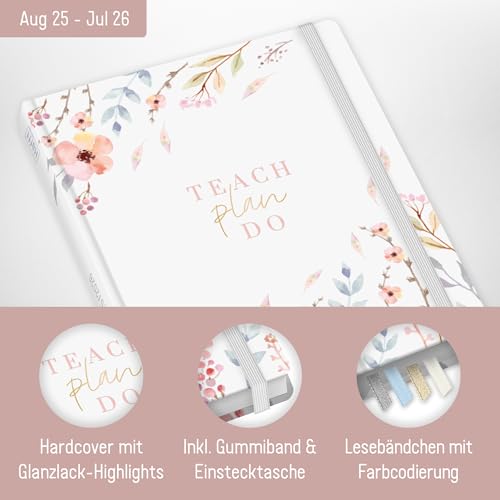 Häfft® Lehrer-Planer 2025/2026 A5 + Sweet Flowers Hardcover Lehrerkalender/Schuljahresplaner mit 236 Seiten, Stickern und mehr - nachhaltig & klimafreundlich