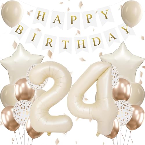 Happy 24th Birthday Decorations, Includes Beige Number 24 Balloons, Banner, Champagne Gold and Sand White Confetti Balloons, Star Foil Balloon for 24th Birthday Party Supplies by Pensar - Used condition - US$8.48