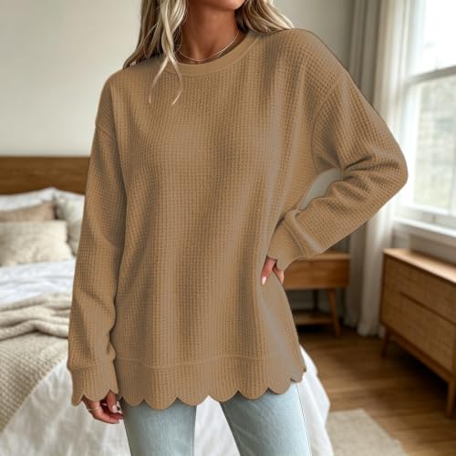 Waffle Knit Tops for Women Casual Long Sleeve Crewneck Scalloped Sweatshirt - image 3