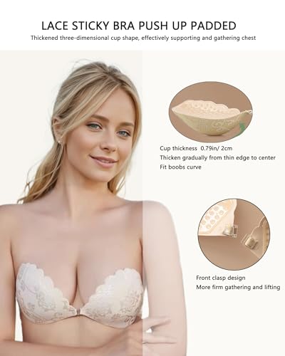 Image of Adhesive Bra Push up Strapless Sticky Invisible Upgrade Lace Bras for Women Dress Backless with Detachable Strap Nipple Cover