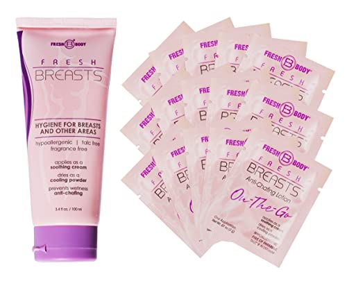 Fresh Body Fb - Fresh Breasts Anti-Chafing Lotion, 3.4 Fl Oz And 0.07 Fl Oz On-The-Go Travel Size Packet (15 Pack) - Soothing Lotion To Powder For Women - Aluminum-Free, Talc-Free #TOP8