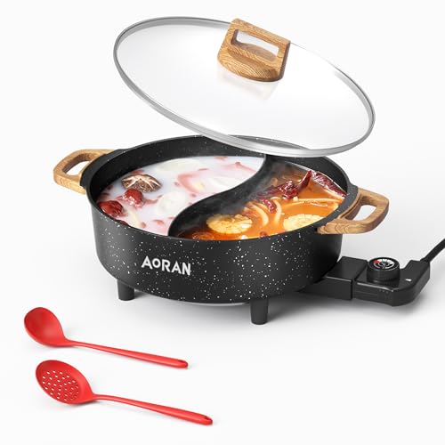 AORAN ​​Electric Hot Pot with Divider, 1350W 8L Nonstick Smokeless Cooker for Shabu Shabu & Fondue, Multi-Function Cookware with Soup Ladle, Strainer, Includes Tongs - Easy to Clean, Black