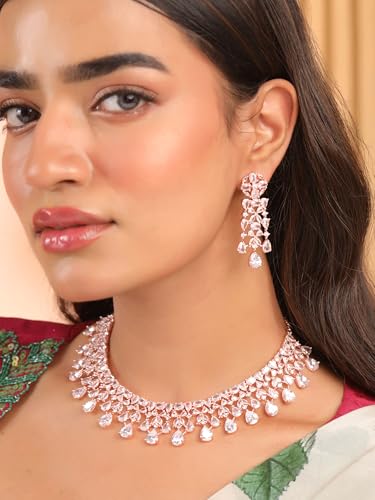 Image of Yellow Chimes AD /American Diamond jewellary set for Women Ethnic Rosegold Plated AD Jewellery Set for Women and Girls